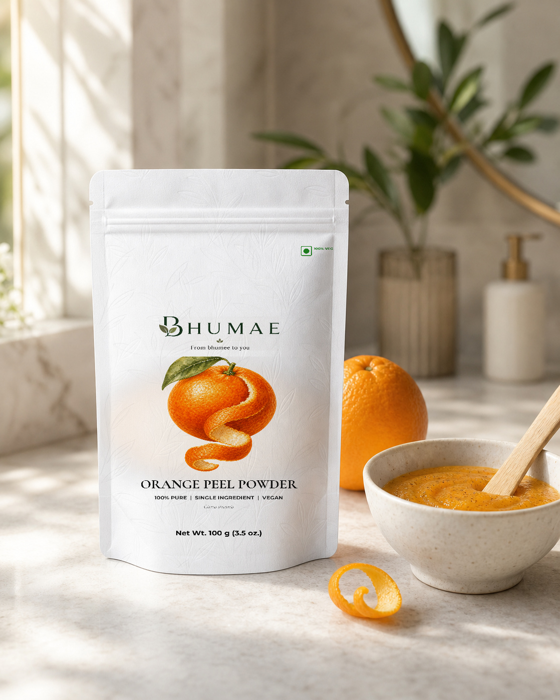 Orange Peel Powder styled with warm natural materials
